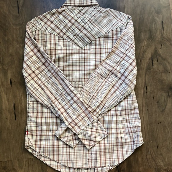 Guess Mens Long Sleeve Shirt- Plaid Tan and Brown - Picture 5 of 7